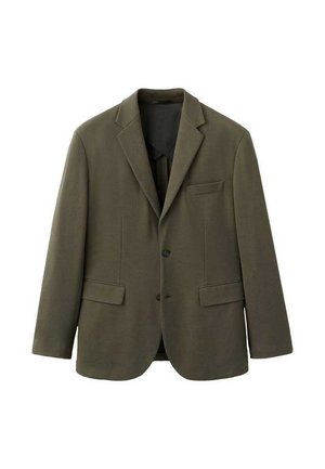 Oljčno zelen blazer iz teksturirane tkanine, z zarezenim ovratnikom, zapenjanjem na en gumb in dvema sprednjima žepoma.