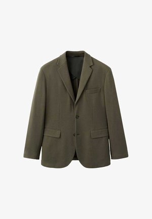 Oljčno zelen blazer iz teksturirane tkanine, z zarezenim ovratnikom, zapenjanjem na en gumb in dvema sprednjima žepoma.
