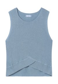 Top in cotone blu chiaro a costine con scollo rotondo e dettaglio incrociato nella parte inferiore. Realizzato in materiale morbido e testurizzato.