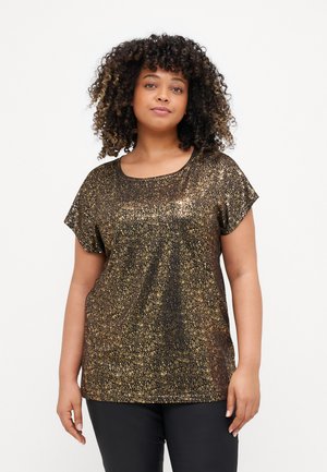ONLY Carmakoma CARMINA PELLA O NECK FOIL  - Tričko s potlačou - black/gold