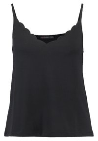 Black, sleeveless top made of smooth fabric with a scalloped neckline. Simple design with no patterns or hardware details.