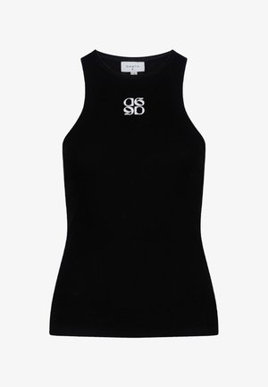 Black ribbed sleeveless top with a fitted design. Features a round neckline and a white embroidered logo on the front. Soft texture.