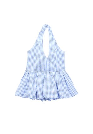 Top halter a quadretti vichy blu e bianco con profondo scollo a V e vita con peplo svasato, realizzato in tessuto leggero.