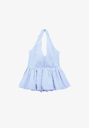 Haut dos nu à carreaux vichy bleu et blanc avec un profond décolleté en V et une taille évasée à péplum, en tissu léger.