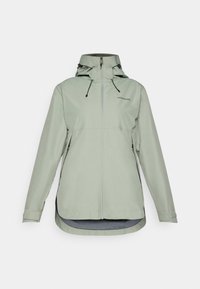 Giacca waterproof verde chiaro con zip frontale, cappuccio regolabile, due tasche laterali e dettaglio a trama sull'orlo. Presenta il logo sul petto.