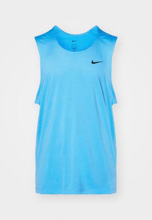 Sininen urheilullinen hihaton paita, joka on valmistettu hengittävästä kankaasta. Paita on varustettu pyöreällä kaula-aukolla ja mustalla Nike-swoosh-logolla vasemmassa yläkulmassa.