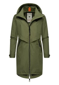 Olive roheline kapuutsiga jakk, millel on eesneel ja kaks küljetaskut, samuti elastsed mansetid. Siseosa on kaunistatud mustrilise voodriga ja oranži etiketi detailiga.