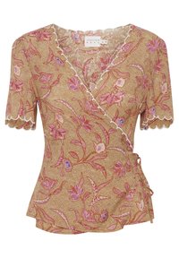 Blusa avvolgente in tessuto marrone con motivo floreale rosa, bordi scallop e maniche corte. Legatura laterale per una vestibilità regolabile.