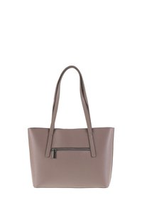 Sac fourre-tout en cuir dans un mauve atténué. Dispose de deux longues anses, d'une poche avant zippée fine, et d'une forme rectangulaire structurée.