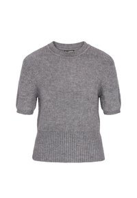 Grå kortærmet sweater med ribbet tekstur, rund halsudskæring og let pufærmer. Har en tætsiddende silhuet og horisontale striber.
