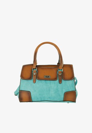 Structured handbag with turquoise body and brown leather handles, flap, and corner accents with silver buckle clasp on front.