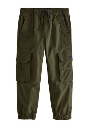Pantalon cargo vert olive avec taille élastique, cordon noir, poches latérales à rabat, poches avant inclinées et poignets élastiques.