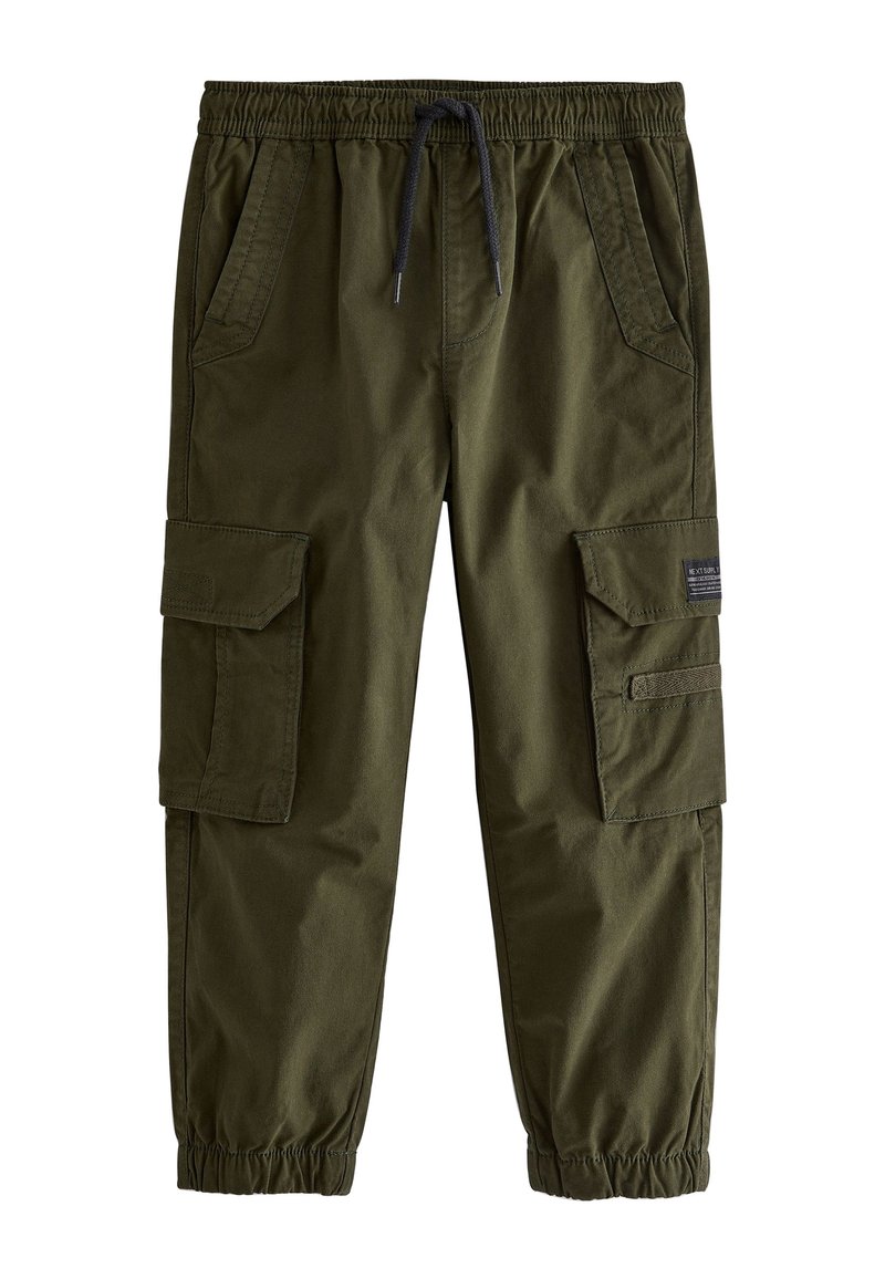 Pantalon cargo vert olive avec taille élastique, cordon noir, poches latérales à rabat, poches avant inclinées et poignets élastiques.