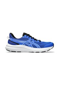 Chaussure de course en mesh bleu avec accents noirs, possède un dessus texturé, une semelle blanche et une semelle extérieure en caoutchouc noir pour une bonne adhérence.