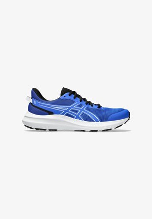 Running shoe in blue mesh with black accents, features a textured upper, white sole, and black rubber outsole for grip.