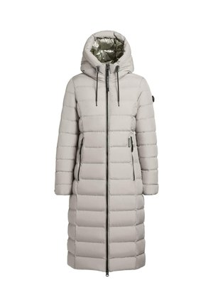 Lange pufferjas in lichtgrijs, met een capuchon, ritsluiting, verticale quiltpatronen, zijzakken en een glanzende zilveren binnenvoering.