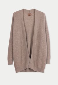 Beige kofta med texturerat stickmönster, öppen fram och långa ärmar. Tillverkad av mjukt, lätt material.