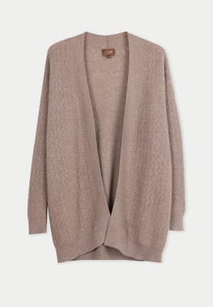 Beiger Cardigan mit strukturiertem Strickmuster, offenem Vorderteil und langen Ärmeln. Hergestellt aus weichem, leichtem Material.