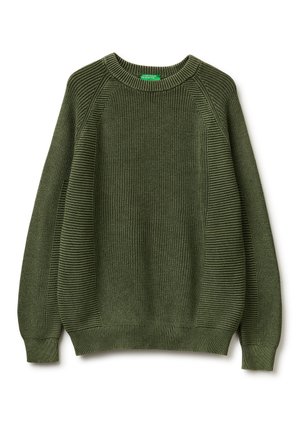 Maglione girocollo verde oliva lavorato a maglia con polsini e orlo a coste e motivo a punto strutturato su maniche e corpo.
