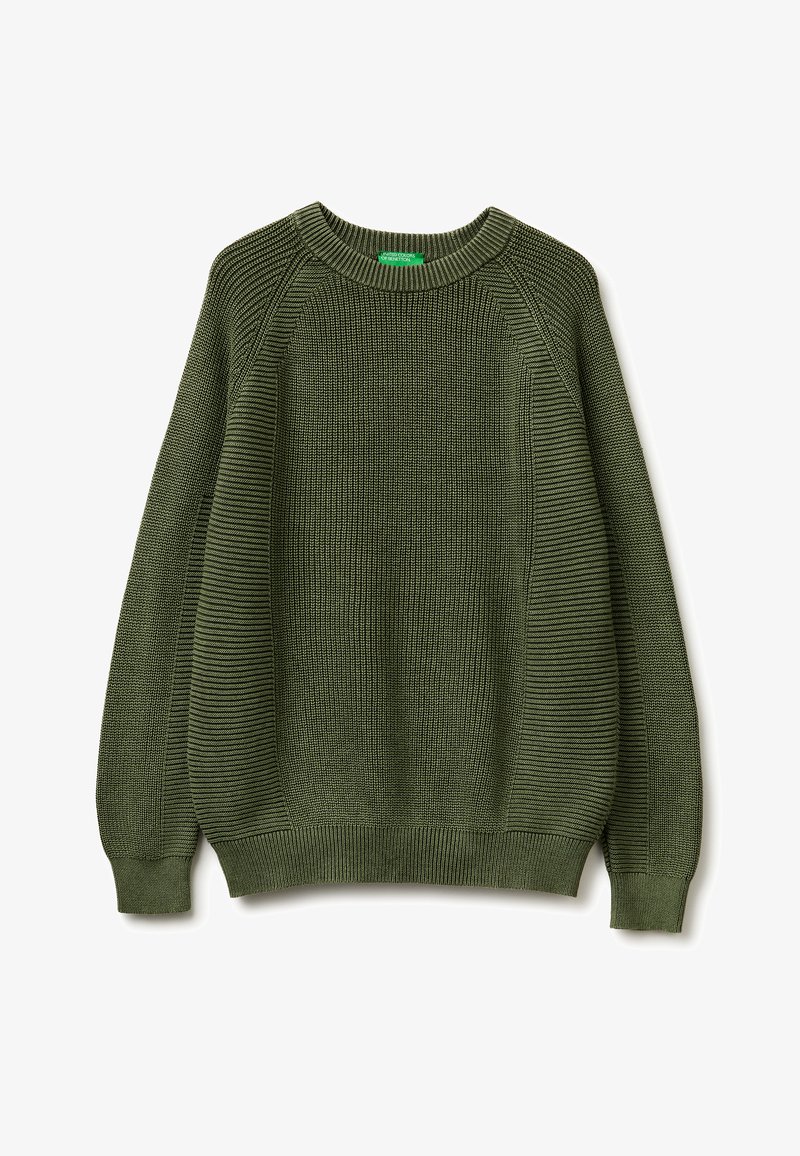 Pull col rond en maille vert olive avec poignets et ourlet côtelés, motif texturé sur les manches et le corps.