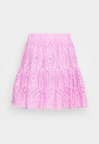 Gonna di cotone rosa con ricami ad occhio, caratterizzata da un design a strati, vita elastica e orlo a scallop. Decorata con un motivo floreale.