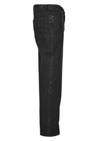 Schwarze Jeans aus Denim mit geradem Bein, ausgestattet mit zwei Gesäßtaschen und einem sichtbaren Bund. Die Textur wirkt glatt und hat minimale Details.