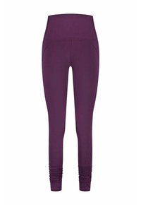 Lila högmidjade leggings gjorda av elastiskt tyg, med sidofickor och draperad detalj vid vristerna. Slät textur genom hela plagget.