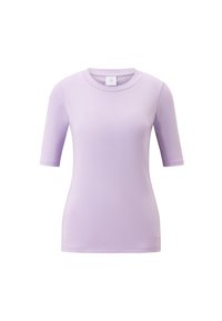Lavender short-sleeved shirt made from soft, stretchy fabric with a simple crew neckline and a hem that sits slightly above the hips.