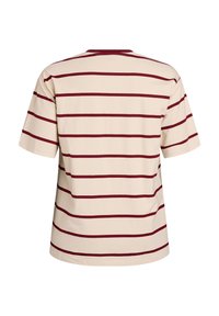 Cream short-sleeved T-shirt featuring maroon horizontal stripes, a round neckline, and a relaxed fit. Smooth cotton fabric texture.