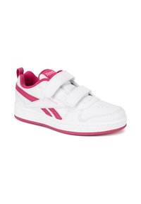 Zapatilla deportiva blanca con detalles en rosa, hecha de cuero suave. Presenta dos correas autoadherentes y un collar acolchado para mayor comodidad.
