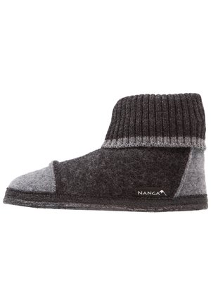 Dark and light gray wool slipper boot with folded ribbed cuff and soft sole, labeled "Nanga" on the side.