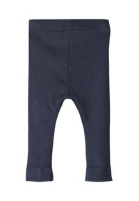 Sötétkék bordázott kötött baba leggings elasztikus derékpánttal és egyenes szárakkal, síkban elhelyezve fehér háttér előtt.