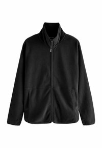 Giacca di pile nera con colletto alto, zip frontale e due tasche laterali; texture morbida e vestibilità rilassata.