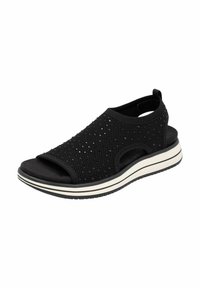 Zwarte sport sandalen met een gestructureerde bovenkant met kleine uitsparingen, elastische openingen en een gevoerde zool met witte accentstrepen.