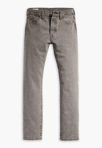 Jean droit en denim gris avec cinq poches, passants de ceinture et fermeture par bouton, posé à plat sur fond blanc.