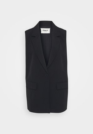 Schwarzer ärmelloser Blazer aus glattem Stoff. Mit Reverskragen, Einzelknopfverschluss und zwei vorderen Taschen. Minimalistisches Design.