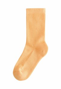 Gestreifte orange Baumwollsocke mit glatter Textur, ausgestattet mit verstärktem Fersen- und Zehenbereich für Langlebigkeit. Geeignet für den täglichen Gebrauch.
