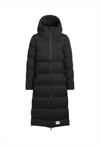 Abrigo largo negro tipo puffer con capucha, que cuenta con secciones acolchadas horizontales, un cierre frontal y bolsillos laterales. Diseño texturizado e insulated.