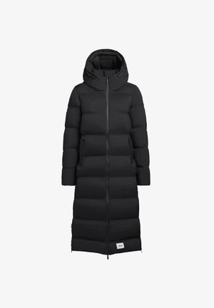 Lungo cappotto imbottito nero con cappuccio, caratterizzato da sezioni trapuntate orizzontali, zip frontale e tasche laterali. Design testurizzato e isolato.