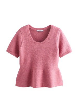 Lyhythihainen neule pehmeässä vaaleanpunaisessa kankaassa, jossa on avara kaula-aukko ja peplum-helma. Valmistettu teksturoidusta, kevyestä neuloksesta.