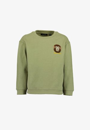 Sweat-shirt enfant vert clair avec un visage de singe texturé et le texte « Proud to Be Wild » sur la poitrine.