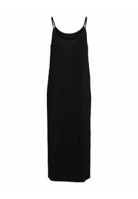 Zwarte maxi-jurk met geplooide textuur, brede halslijn en dunne verstelbare schouderbandjes. Eenvoudige, rechte snit, zonder verdere versieringen.