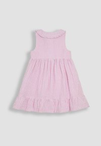 Rosa und weiße gestreifte Kleid mit Rüschen-Ausschnitt und ausgestellt Rock. Hergestellt aus leichtem Stoff, mit einem mehrlagigen Saum.