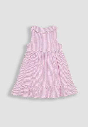 Abito a righe rosa e bianche con scollatura a volants e gonna svasata. Realizzato in tessuto leggero, presenta un orlo a più strati.