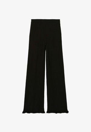 Pantalons larges noirs à côtes avec une finition texturée, comportant un ourlet volanté. Taille élastique pour le confort et la facilité d'enfilage.
