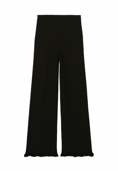 Pantalones de pierna ancha negros con textura acanalada, con un dobladillo con volantes. Cintura elástica para mayor comodidad y facilidad de uso.