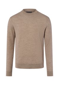 Beige gestrickter Pullover mit einem strukturierten Muster, rundem Halsausschnitt und langen Ärmeln. Rippbündchen und Saum runden das Design ab.