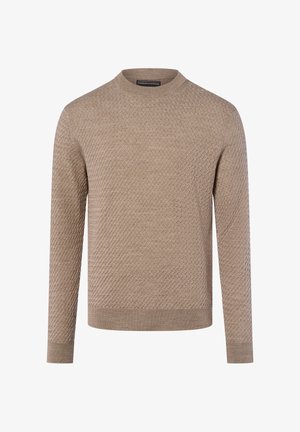 Pull en tricot beige avec un motif texturé, encolure ronde et manches longues. Les poignets et le bas côtelés achèvent le design.