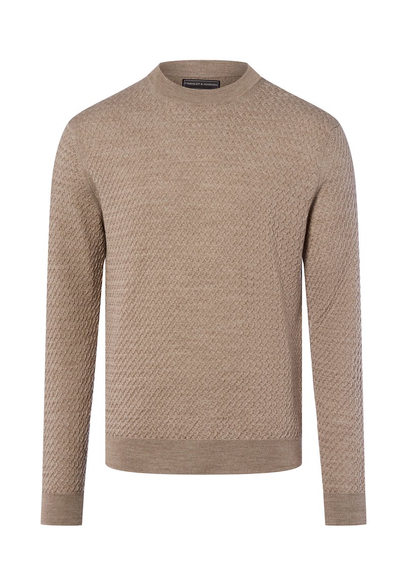 Beige gestrickter Pullover mit einem strukturierten Muster, rundem Halsausschnitt und langen Ärmeln. Rippbündchen und Saum runden das Design ab.