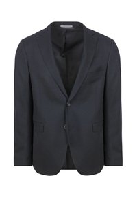 Donkerblauwe blazer van gestructureerde stof, enkelvoudig met twee knopen, met revers en een borstzak, niet gevoerd aan de binnenzijde.